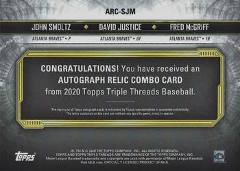 2020 Topps Triple Threads - Triple Threads Autograph Relic Combo Amethyst #ARC-SJM John Smoltz / David Justice / Fred McGriff Back