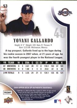 2009 SP Authentic - Gold #53 Yovani Gallardo Back