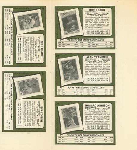 1991 SCD Baseball Card Price Guide Monthly - Panels #21-25 Will Clark / Jeff Conine / Chris Sabo / Alan Trammell / Howard Johnson Back