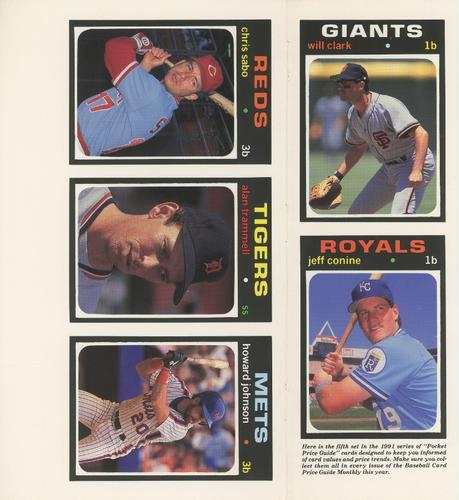 1991 SCD Baseball Card Price Guide Monthly - Panels #21-25 Will Clark / Jeff Conine / Chris Sabo / Alan Trammell / Howard Johnson Front