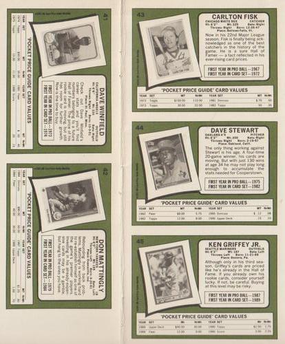 1991 SCD Baseball Card Price Guide Monthly - Panels #41-45 Dave Winfield / Don Mattingly / Carlton Fisk / Dave Stewart / Ken Griffey Jr. Back