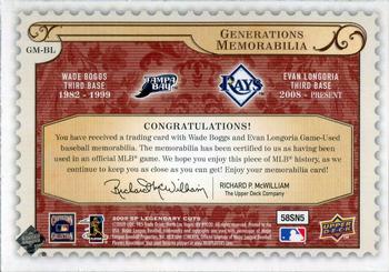 2009 SP Legendary Cuts - Generations Dual Memorabilia #GM-BL Evan Longoria / Wade Boggs Back