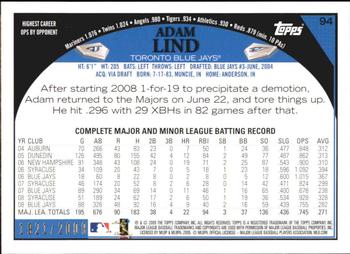 2009 Topps - Gold #94 Adam Lind Back