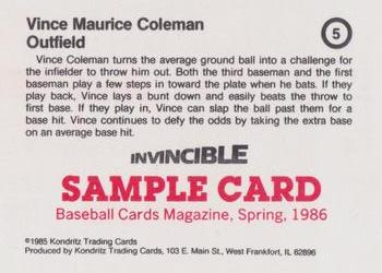 1986 Baseball Cards Magazine Repli-cards #5 Vince Coleman Back