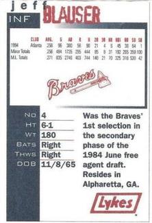 1995 Lykes Atlanta Braves Perforated #NNO Jeff Blauser Back
