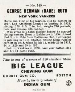 1976 TCMA Goudey Reprints #149 Babe Ruth Back