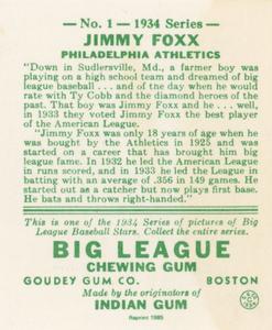 1976 TCMA Goudey Reprints #1 Jimmie Foxx Back