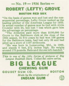 1976 TCMA Goudey Reprints #19 Lefty Grove Back