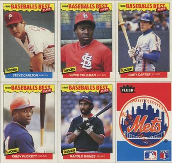 1986 Fleer Baseball's Best Sluggers vs. Pitchers - Box Bottom Panel #M1-M5, NNO Harold Baines / Steve Carlton / Gary Carter / Vince Coleman / Kirby Puckett / New York Mets Logo Front