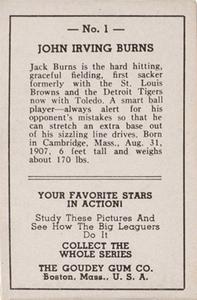 1938 Goudey Big League Movies (R326) #1 John Irving Burns Back