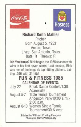 1985 Atlanta Braves Police #NNO Rick Mahler Back