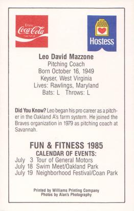 1985 Atlanta Braves Police #NNO Leo Mazzone Back