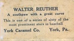 1927 York Caramel (E210) (Type 1) #2 Walter Ruether Back