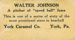 1927 York Caramel (E210) (Type 1) #45 Walter Johnson Back
