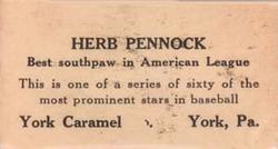 1927 York Caramel (E210) (Type 1) #8 Herb Pennock Back