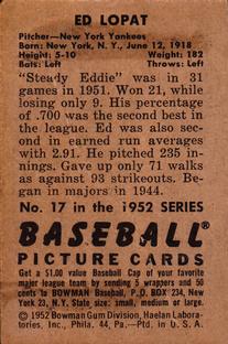 1952 Bowman #17 Ed Lopat Back