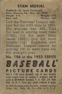1952 Bowman #196 Stan Musial Back