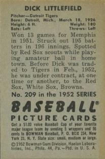 1952 Bowman #209 Dick Littlefield Back