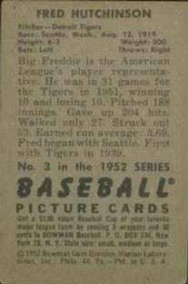 1952 Bowman #3 Fred Hutchinson Back