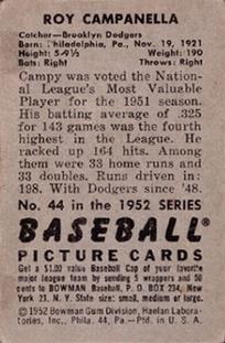 1952 Bowman #44 Roy Campanella Back