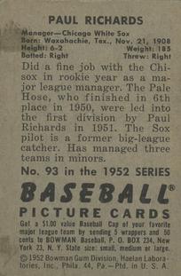 1952 Bowman #93 Paul Richards Back
