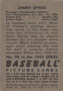 1952 Bowman #98 Jimmie Dykes Back