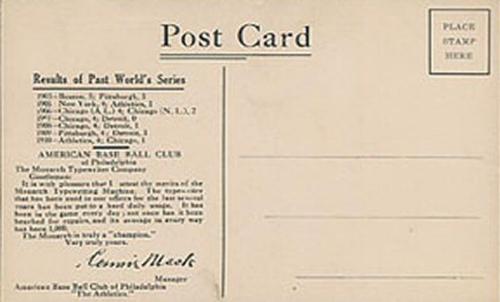 1910 Monarch Typewriter Philadelphia Athletics Postcards #NNO Rube Oldring Back