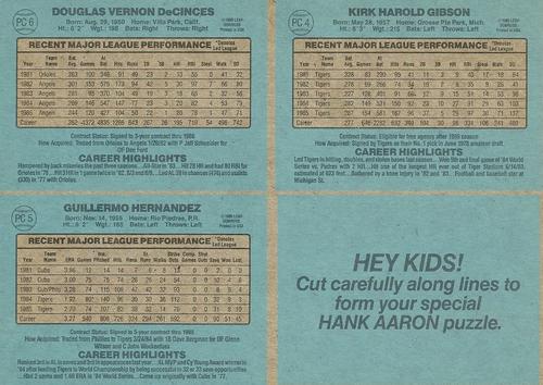 1986 Donruss - Wax Box Bottom Panel #PC4-PC6/NNO Kirk Gibson / Willie Hernandez / Doug DeCinces / Hank Aaron Back
