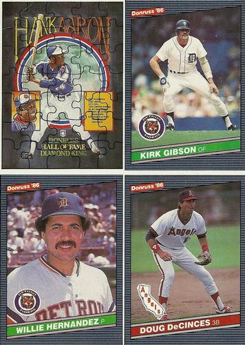 1986 Donruss - Wax Box Bottom Panel #PC4-PC6/NNO Kirk Gibson / Willie Hernandez / Doug DeCinces / Hank Aaron Front