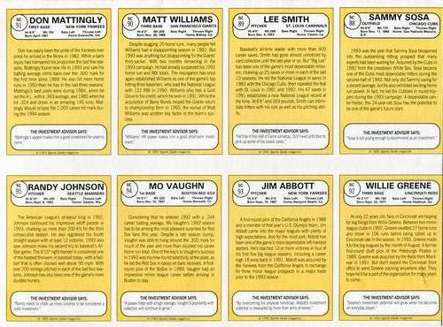 1993 Baseball Card Magazine / Sports Card Magazine - Panels #SC88-SC95 Sammy Sosa / Lee Smith / Matt Williams / Don Mattingly / Willie Greene / Jim Abbott / Mo Vaughn / Randy Johnson Back