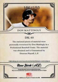 2008 Donruss Threads - Diamond Kings Materials #DK-40 Don Mattingly Back