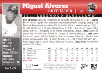 2011 MultiAd Lakewood BlueClaws SGA #3 Miguel Alvarez Back