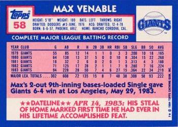 1984 Topps - Collector's Edition (Tiffany) #58 Max Venable Back