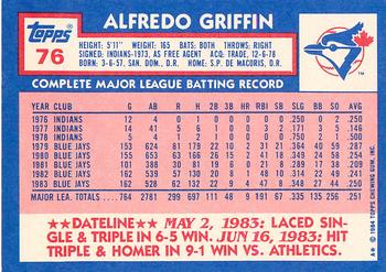 1984 Topps - Collector's Edition (Tiffany) #76 Alfredo Griffin Back