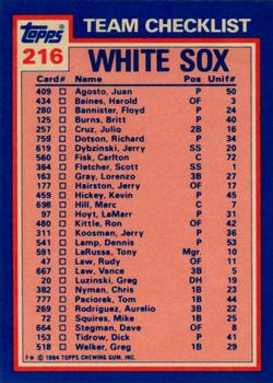 1984 Topps - Collector's Edition (Tiffany) #216 White Sox Leaders / Checklist (Carlton Fisk / Richard Dotson) Back