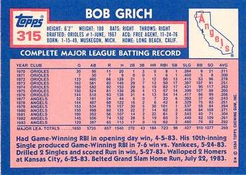 1984 Topps - Collector's Edition (Tiffany) #315 Bob Grich Back