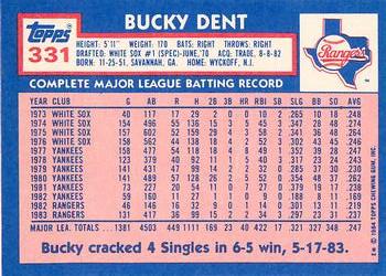 1984 Topps - Collector's Edition (Tiffany) #331 Bucky Dent Back
