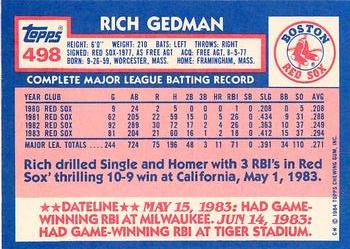 1984 Topps - Collector's Edition (Tiffany) #498 Rich Gedman Back