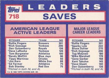 1984 Topps - Collector's Edition (Tiffany) #718 AL Active Career Save Leaders (Rollie Fingers / Rich Gossage / Dan Quisenberry) Back