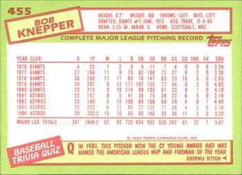 1985 Topps - Collector's Edition (Tiffany) #455 Bob Knepper Back