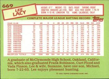 1985 Topps - Collector's Edition (Tiffany) #669 Lee Lacy Back