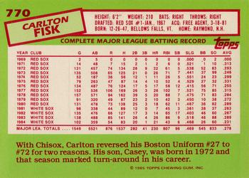 1985 Topps - Collector's Edition (Tiffany) #770 Carlton Fisk Back
