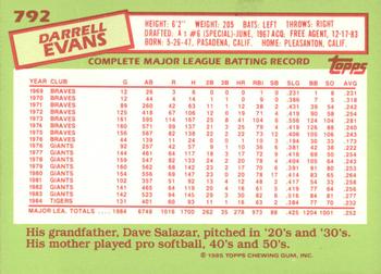 1985 Topps - Collector's Edition (Tiffany) #792 Darrell Evans Back