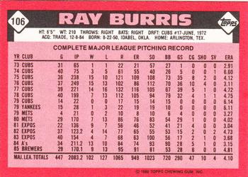 1986 Topps - Collector's Edition (Tiffany) #106 Ray Burris Back