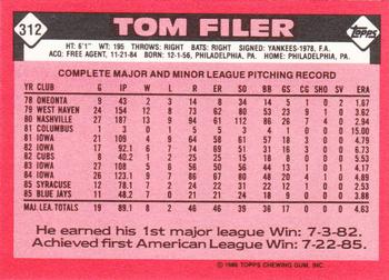 1986 Topps - Collector's Edition (Tiffany) #312 Tom Filer Back