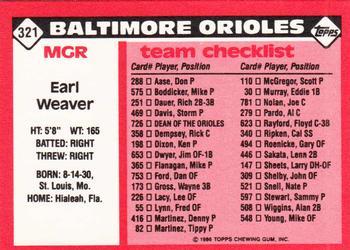1986 Topps - Collector's Edition (Tiffany) #321 Earl Weaver Back