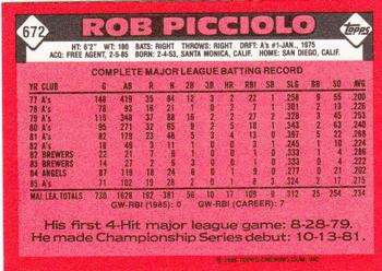 1986 Topps - Collector's Edition (Tiffany) #672 Rob Picciolo Back