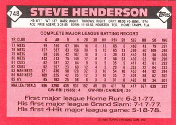 1986 Topps - Collector's Edition (Tiffany) #748 Steve Henderson Back