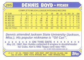 1987 Topps - Collector's Edition (Tiffany) #285 Dennis Boyd Back