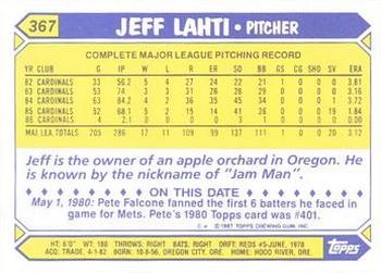 1987 Topps - Collector's Edition (Tiffany) #367 Jeff Lahti Back